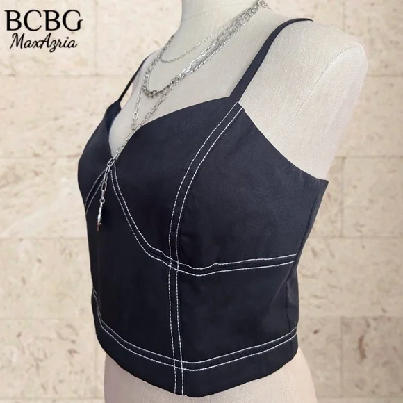 BCBGMAXAZRIA Topstitch Bustier-Style Full Zip Back Crop Top/Dk. Navy/LG NWT